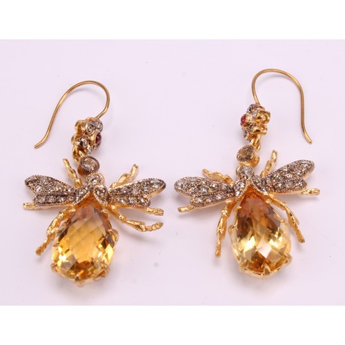 1218 - A pair of insect drop earrings, each set with a pear cut vibrant yellow citrine, pale pink spinel an... 