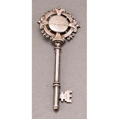 1080 - Copoclephily  - a George V silver and enamel presentation key, Saltend, 8th October 1929, 12.5cm lon... 