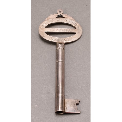 1096 - Copoclephily - an Indian silver coloured metal presentation key, inscribed Princ (sic) Edward Cinema... 