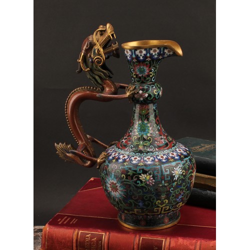 1281 - A Chinese cloisonne enamel ewer, brightly decorated in polychrome with flowers and dragons, dragon h... 