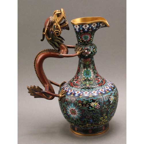 1281 - A Chinese cloisonne enamel ewer, brightly decorated in polychrome with flowers and dragons, dragon h... 