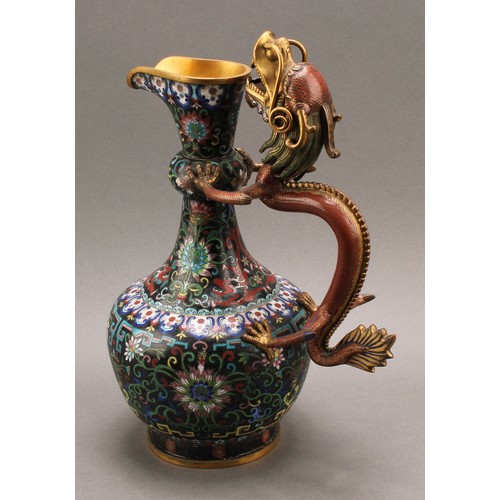 1281 - A Chinese cloisonne enamel ewer, brightly decorated in polychrome with flowers and dragons, dragon h... 