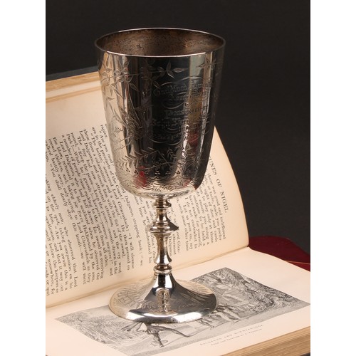 990 - An Aesthetic Movement pedestal goblet, bright-cut engraved with cranes and Japanesque foliage, domed... 