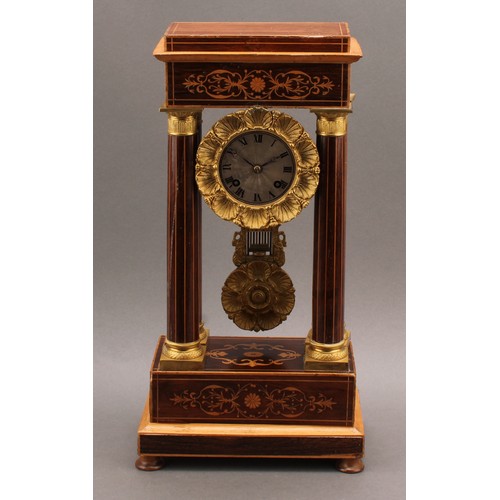 2449 - A French rosewood and marquetry inlaid portico mantel clock, the frieze supported by four stylised g... 