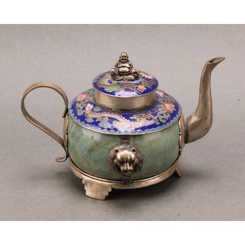 1280 - A Chinese cloisonne and hardstone teapot, of small proportions, decorated in polychrome enamels with... 