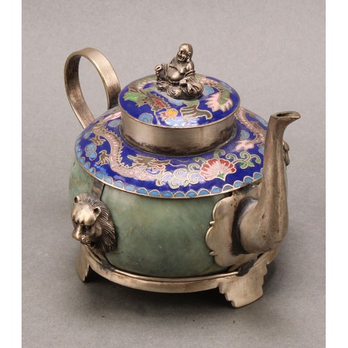 1280 - A Chinese cloisonne and hardstone teapot, of small proportions, decorated in polychrome enamels with... 