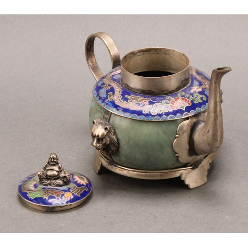 1280 - A Chinese cloisonne and hardstone teapot, of small proportions, decorated in polychrome enamels with... 