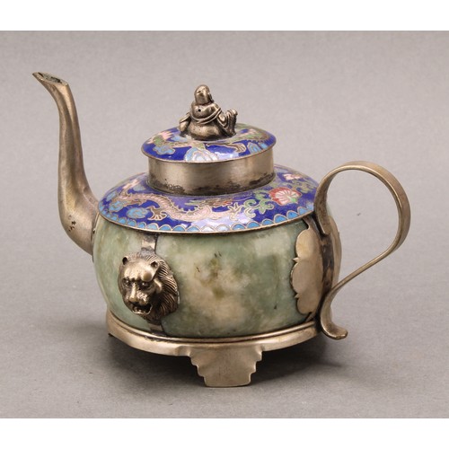 1280 - A Chinese cloisonne and hardstone teapot, of small proportions, decorated in polychrome enamels with... 