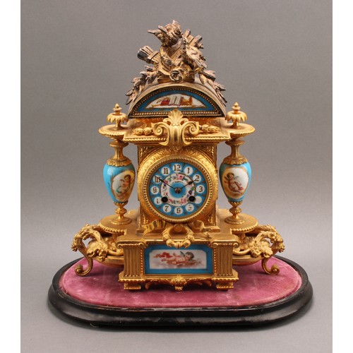 2452 - A Louis XVI revival ormolu and porcelain mantel clock, by Phillipe Mourey (1840-1920), 8cm dial insc... 