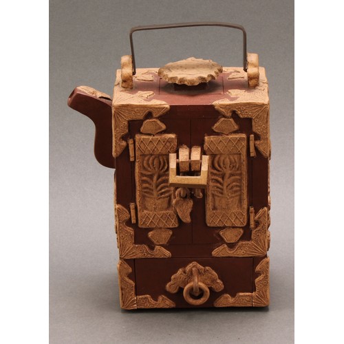 1361 - A Chinese Yixing rectangular teapot, modelled as a chatanzu, single drawer to base, angular swing ha... 