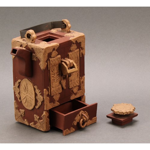 1361 - A Chinese Yixing rectangular teapot, modelled as a chatanzu, single drawer to base, angular swing ha... 