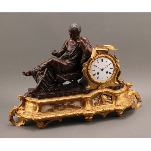 2445 - A French Empire style spelter and ormolu mounted mantel clock, 9.5cm enamel dial, Roman numerals, tw... 