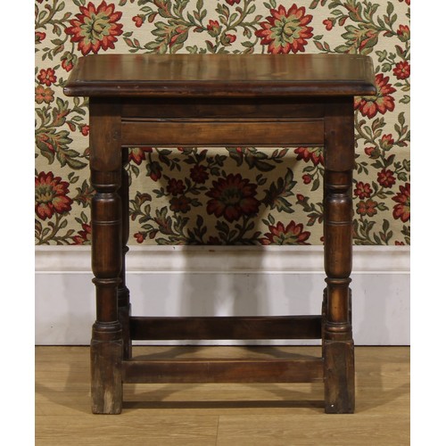 1881 - A 17th century style fruitwood joint stool, 52.5cm high, 48cm wide, 30.5cm deep