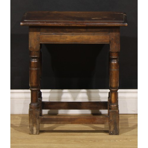 1881 - A 17th century style fruitwood joint stool, 52.5cm high, 48cm wide, 30.5cm deep