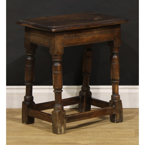 1881 - A 17th century style fruitwood joint stool, 52.5cm high, 48cm wide, 30.5cm deep