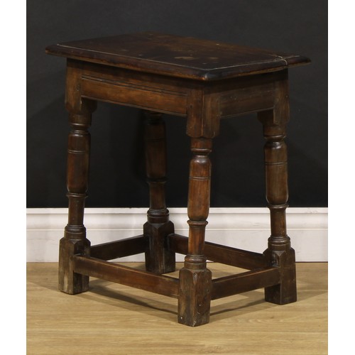 1881 - A 17th century style fruitwood joint stool, 52.5cm high, 48cm wide, 30.5cm deep