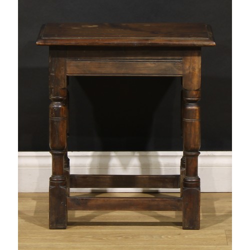 1881 - A 17th century style fruitwood joint stool, 52.5cm high, 48cm wide, 30.5cm deep