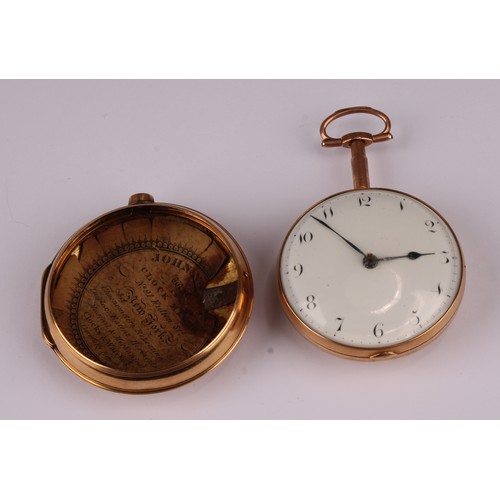 1146 - A George III 18ct gold pair cased pocket watch, Stephen Reed, New York, white enamel dial, Arabic nu... 