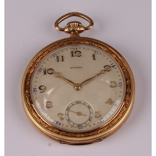 1153 - A Supera 14ct gold cased pocket watch, chequerboard dial, raised and blue Arabic numerals, subsidiar... 