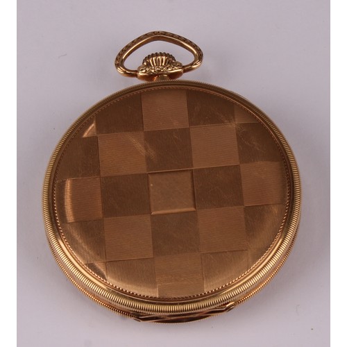 1153 - A Supera 14ct gold cased pocket watch, chequerboard dial, raised and blue Arabic numerals, subsidiar... 