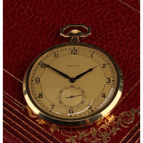 1154 - A TA-CY slimline 14 ct gold cased pocket watch, gilt dial, Arabic numerals, subsidiary seconds, stem... 