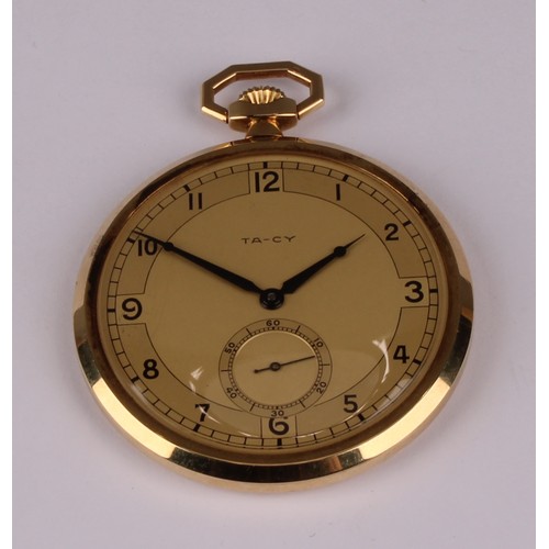 1154 - A TA-CY slimline 14 ct gold cased pocket watch, gilt dial, Arabic numerals, subsidiary seconds, stem... 