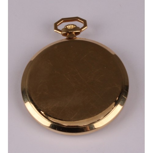 1154 - A TA-CY slimline 14 ct gold cased pocket watch, gilt dial, Arabic numerals, subsidiary seconds, stem... 