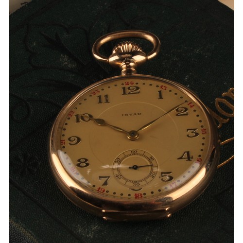 1159 - An Invar 14ct gold cased pocket watch, gilt dial, raised and red Arabic numerals, subsidiary seconds... 