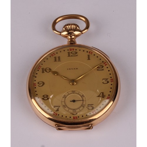 1159 - An Invar 14ct gold cased pocket watch, gilt dial, raised and red Arabic numerals, subsidiary seconds... 