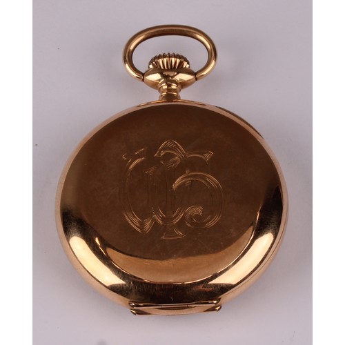 1159 - An Invar 14ct gold cased pocket watch, gilt dial, raised and red Arabic numerals, subsidiary seconds... 