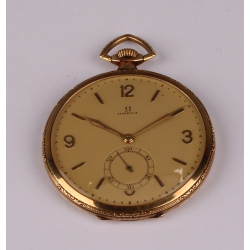 1162 - Omega - a 14ct gold pocket watch, 49mm diameter case, signed gilt dial, Arabic numerals and spear ti... 