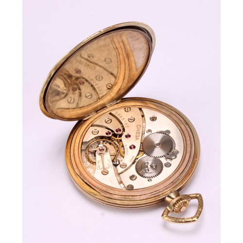 1162 - Omega - a 14ct gold pocket watch, 49mm diameter case, signed gilt dial, Arabic numerals and spear ti... 