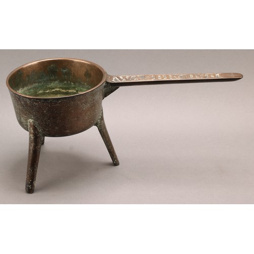 2557 - An 18th century bronze tripod skillet, by Wasbrough of Bristol, the handle cast in relief and number... 