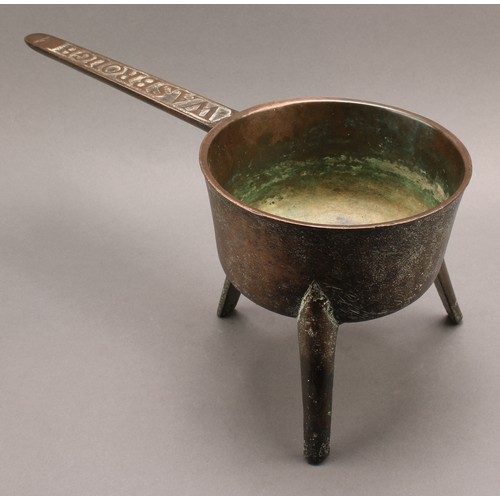 2557 - An 18th century bronze tripod skillet, by Wasbrough of Bristol, the handle cast in relief and number... 