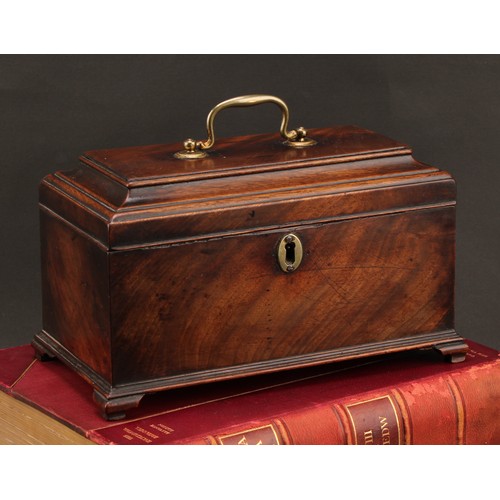 2327 - A George II/early George III mahogany tea caddy, hinged pagoda top enclosing three compartments and ... 