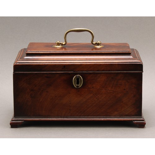 2327 - A George II/early George III mahogany tea caddy, hinged pagoda top enclosing three compartments and ... 