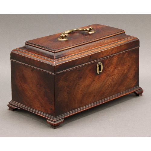 2327 - A George II/early George III mahogany tea caddy, hinged pagoda top enclosing three compartments and ... 