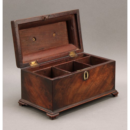 2327 - A George II/early George III mahogany tea caddy, hinged pagoda top enclosing three compartments and ... 