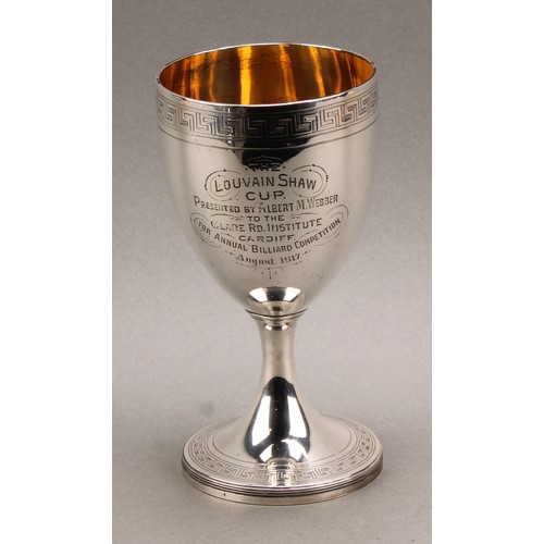 785 - A George III silver pedestal goblet, hemi-ovoid bowl engraved with a Greek key border, circular foot... 