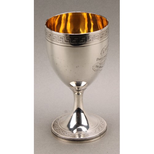 785 - A George III silver pedestal goblet, hemi-ovoid bowl engraved with a Greek key border, circular foot... 