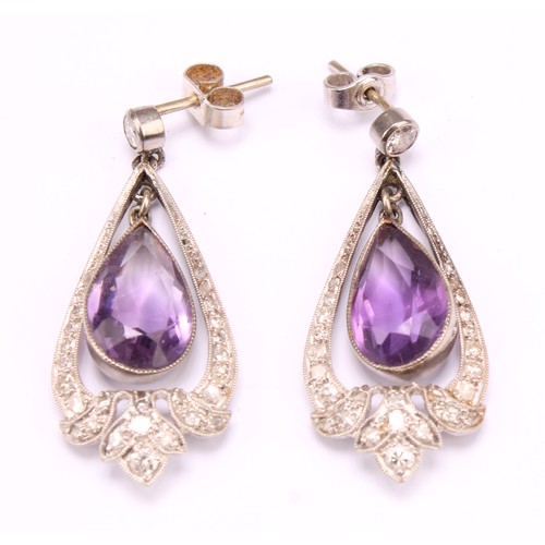 1220 - A pair of unmarked white metal art nouveau style diamond and amethyst chandelier drop earrings, the ... 