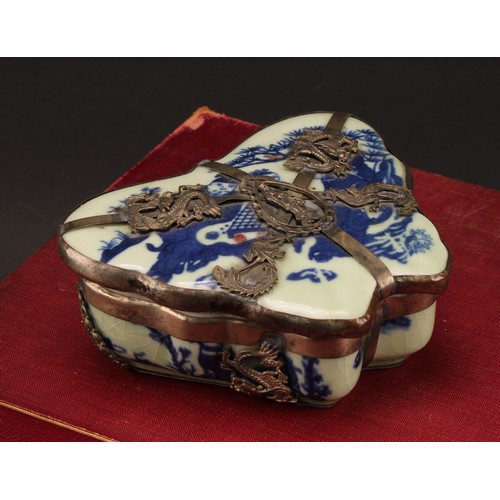 1287 - A 19th century Chinese ceramic and silver metal mounted pill box, of butterfly form, the cover paint... 