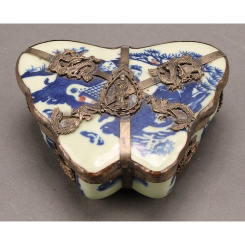 1287 - A 19th century Chinese ceramic and silver metal mounted pill box, of butterfly form, the cover paint... 