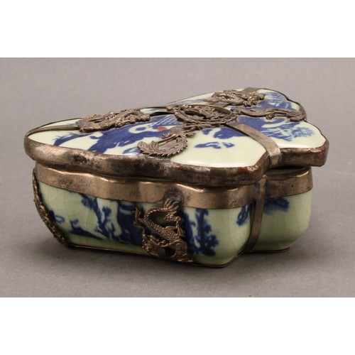 1287 - A 19th century Chinese ceramic and silver metal mounted pill box, of butterfly form, the cover paint... 