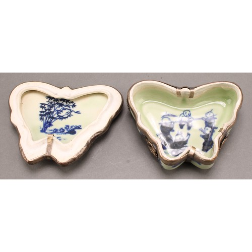 1287 - A 19th century Chinese ceramic and silver metal mounted pill box, of butterfly form, the cover paint... 