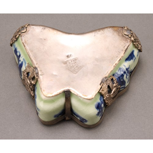 1287 - A 19th century Chinese ceramic and silver metal mounted pill box, of butterfly form, the cover paint... 