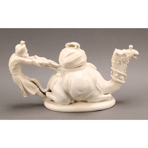 86 - A Moore Brothers blanc de chine figural teapot and cover, modelled as a reclining camel, the handle ... 