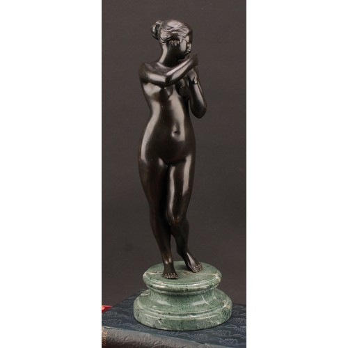 2402 - After Charles-Auguste Fraikin, a dark patinated bronze, Venus With Dove, marble plinth, 33cm high ov... 