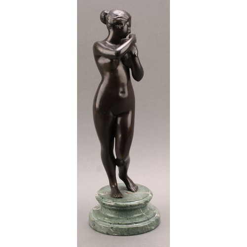 2402 - After Charles-Auguste Fraikin, a dark patinated bronze, Venus With Dove, marble plinth, 33cm high ov... 