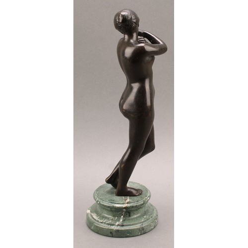 2402 - After Charles-Auguste Fraikin, a dark patinated bronze, Venus With Dove, marble plinth, 33cm high ov... 